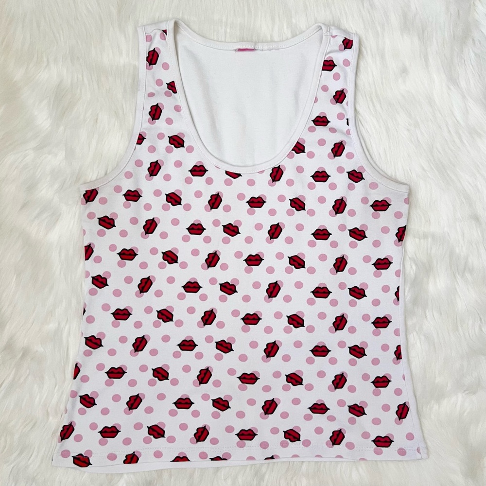 White Tank Top with Red Lips & Pink Polka Dot Pattern